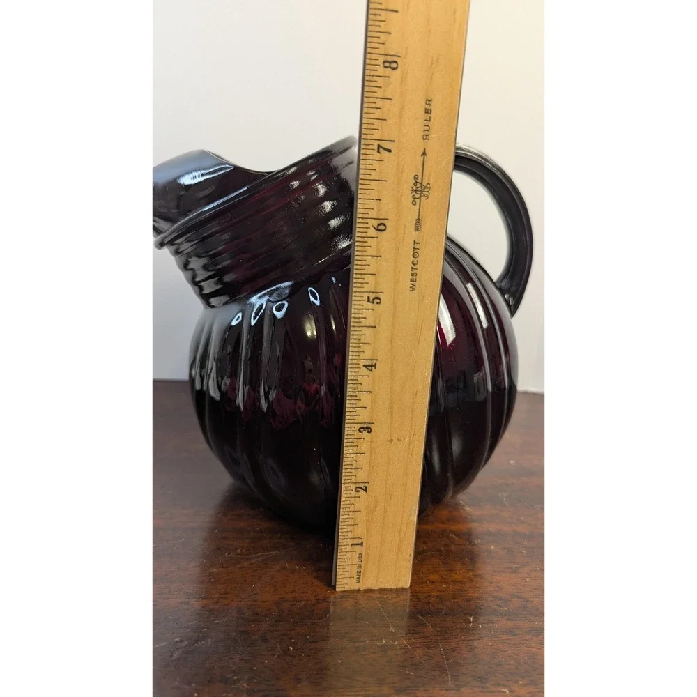 Vintage Ruby Red Glass Pitcher Cranberry Optic Swirl Water Jug Retro 6.5in Vase